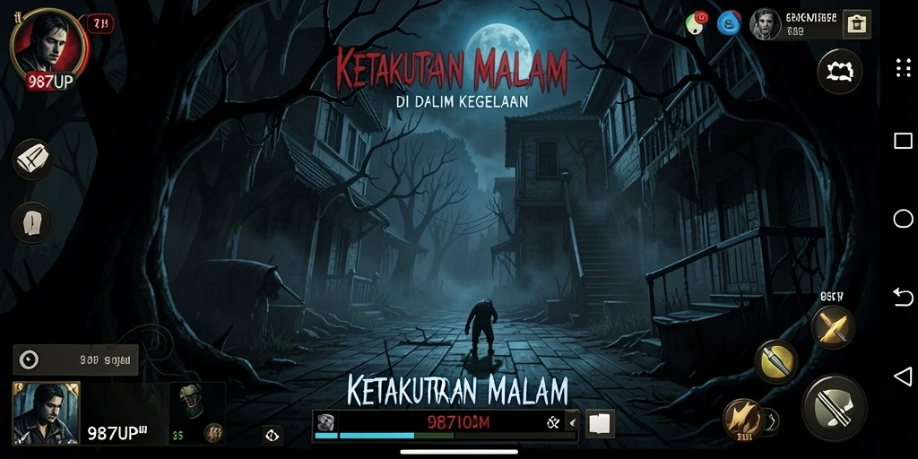 Screenshot menunjukkan suasana menyeramkan di dalam game 987UP.