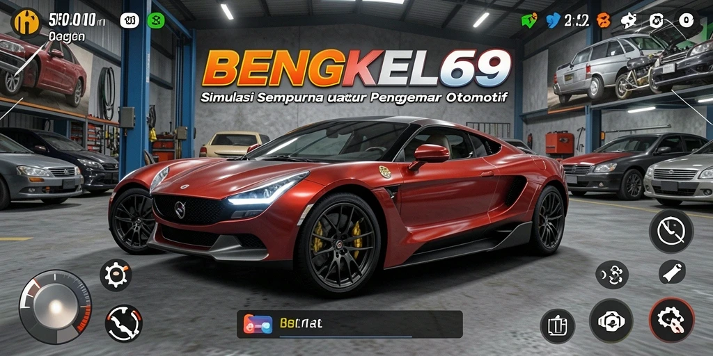 Screenshot gameplay BENGKEL69 menunjukkan aktivitas perbaikan mobil yang mendetail.