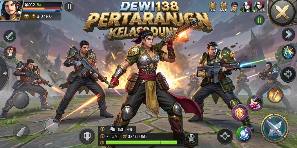 Gameplay seru DEWI138 dengan karakter bertarung dalam arena.