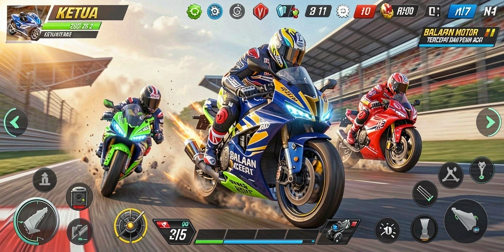 Screenshot gameplay KETUA yang menunjukkan aksi balapan motor yang mendebarkan.