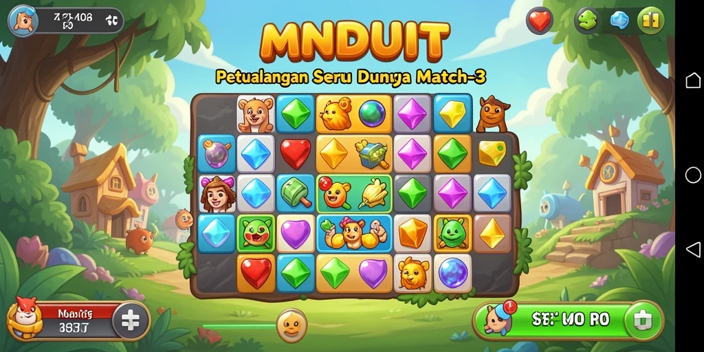 Screenshot yang menampilkan gameplay seru MNDUIT dengan permata berwarna-warni.