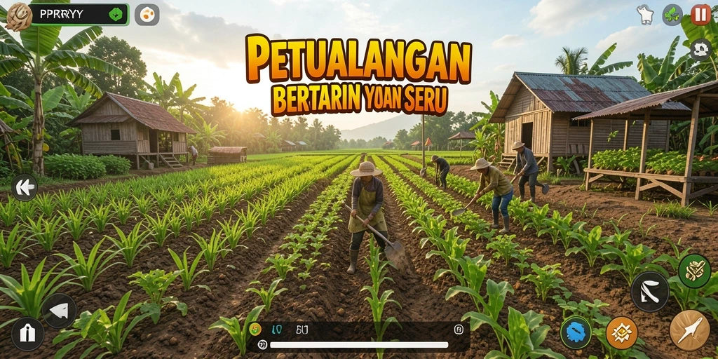 Tampilan gameplay seru dalam PPRRYY dengan ladang indah dan aktivitas bertani.