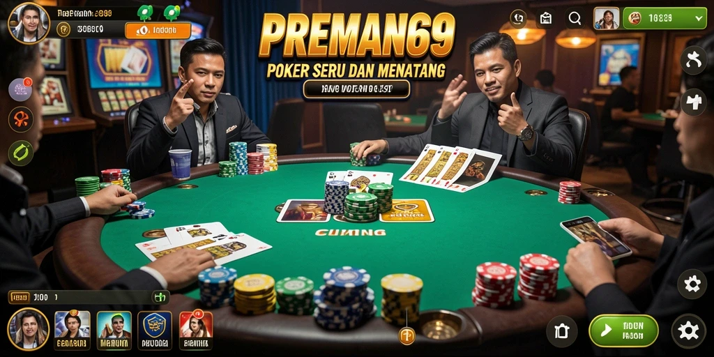 Skrinsut gameplay <strong>PREMAN69</strong> menampilkan suasana intens permainan Poker.