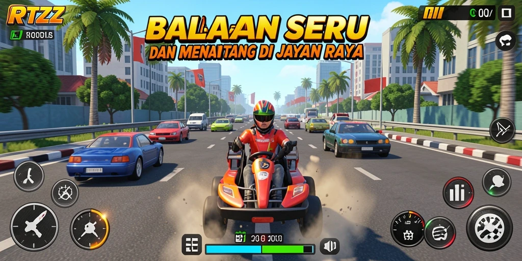 Gameplay RTZZ menampilkan aksi balapan yang mendebarkan di jalan raya.