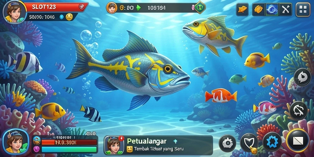 Tampilan gameplay menarik dari SLOT123 saat menembak ikan.